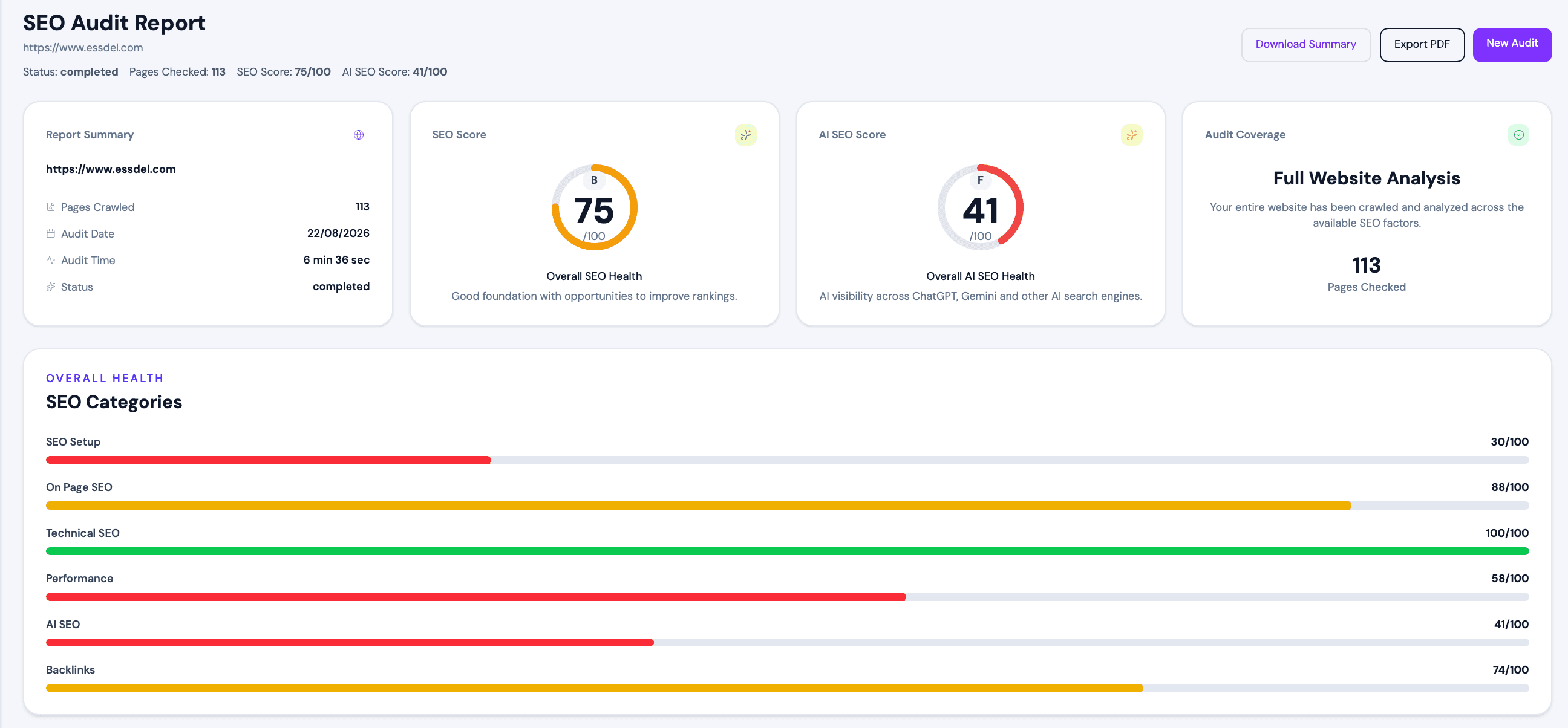 SEOHACK.AI SEO audit overview dashboard showing SEO scores and website health