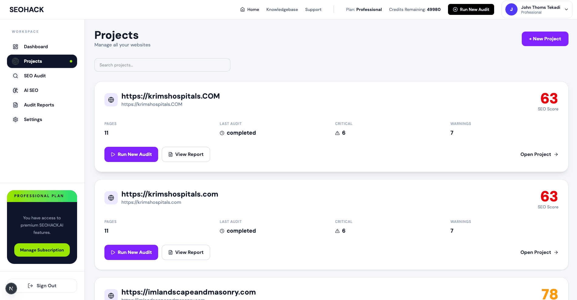 SEOHACK agency project dashboard for client SEO work