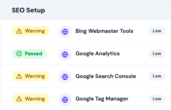 SEOHACK.AI SEO setup report showing analytics, search console, robots.txt and sitemap checks